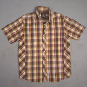 Prana Mens Plaid Short Sleeve Button Up Casual Shirt Brown Yellow Small‎